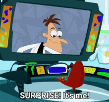 a cartoon of perry the platypus sitting in front of a computer monitor with the words surprise it 's me