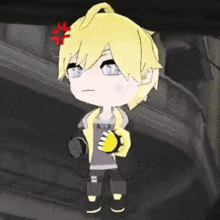 a cartoon character with yellow hair is standing in a dark room holding a yellow object .
