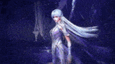 a woman with long white hair and wings is standing in a dark room .