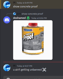 a can of tenax concrete proof is shown in a discord chat