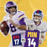 two football players holding signs that say nyc 17 vs 14