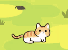 a cartoon cat is walking on a grassy field with a yellow background