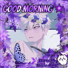 a picture of a boy wearing a flower crown with the words good morning have a nice day