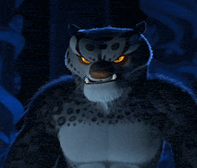 a close up of a cartoon character with a leopard print