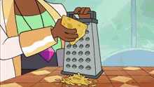 a cartoon of a person grating cheese with a grater