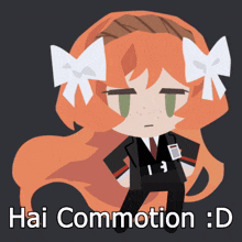 a cartoon drawing of a girl in a suit with the words hai commotion : d below her