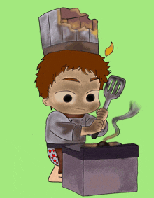 a cartoon drawing of a boy wearing a chef 's hat holding a spatula