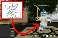 an arrow points to a drawing of a cat in a game