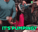a woman blowing a party horn with the words " it 's pumping "