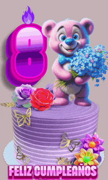a purple birthday cake with a teddy bear holding flowers and the number 8