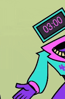 a colorful cartoon character with a clock on his head that says 03:00