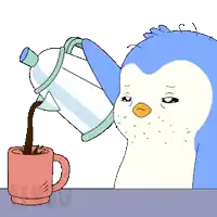 a cartoon of a penguin pouring coffee into a pink mug