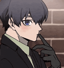 a drawing of a boy in a suit and tie with his finger on his chin