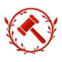 a red judge 's gavel in a red circle with leaves around it
