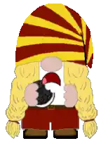 a cartoon character is wearing a yellow and red hat