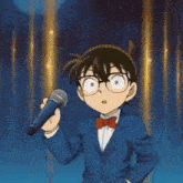 a cartoon character is holding a microphone in front of an exclamation mark