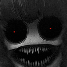 a black and white drawing of a monster with red eyes and sharp teeth