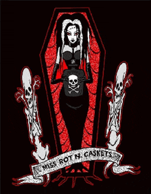 a drawing of a woman in a coffin with the words miss rot n caskets on it
