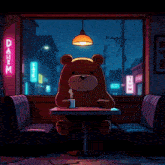 a teddy bear sits at a table in a diner with a neon sign that says danem on it