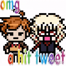 a pixel art drawing of a girl and a boy with the words " omg a hit tweet " below them