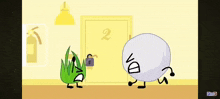 two cartoon characters are standing next to each other in front of a door with a padlock on it .