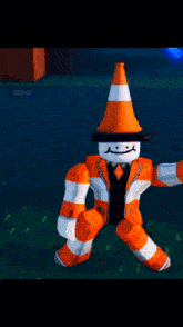 a cartoon character is wearing a traffic cone hat and a suit