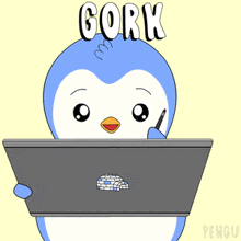 a penguin is holding a tablet with a pen and the word gork above it