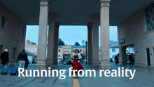 a woman in a red dress is running from reality on a poster