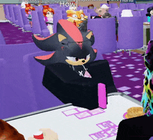shadow the hedgehog is sitting at a table in front of purple chairs in a video game