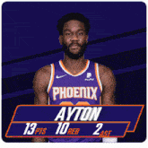 a basketball player named ayton is wearing a purple and orange phoenix jersey