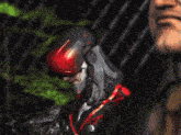 a man in a suit stands in front of a robot with red eyes