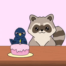 a cartoon drawing of a bird and a raccoon with a birthday cake