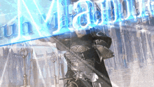 a man in armor is holding a sword in front of a sign that says ' un magico ' on it