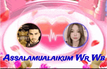 a man and a woman are on a pink background with the words assalamualaikum wr wb on the bottom