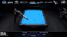 a pool table with blue cloth and a man holding a cue