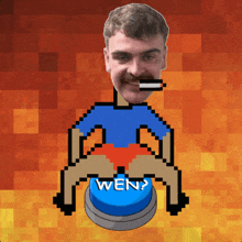 a pixelated image of a man with a button that says wen