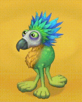a cartoon parrot with feathers on its head is standing on a yellow surface .