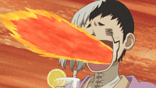 a cartoon character with a flame coming out of his mouth holding a lemon slice