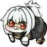 a cartoon character with white hair and red eyes is sitting on the ground .