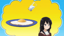 a girl is standing next to a plate of food with a salt shaker being poured on it