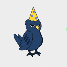 a bird wearing a party hat with confetti falling around it