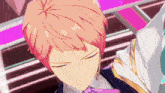 a close up of a anime character with pink hair and a bow tie .