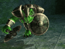 a green monster with a shield and axe