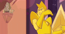 a yellow diamond from steven universe is making a funny face while standing next to a statue .