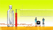 a volleyball is being thrown over a volleyball net in a volleyball game .