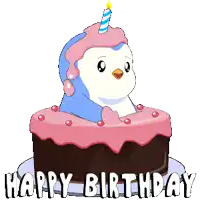 a birthday cake with a penguin on top and the words happy birthday below it
