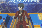 a man in a red coat is standing in front of a sign that says ' bilibili ' on it