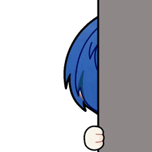a cartoon drawing of a person with blue hair peeking out from behind a wall