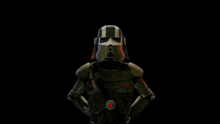 a storm trooper with a red badge on his chest