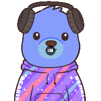 a cartoon of a blue bear wearing headphones and a purple hoodie